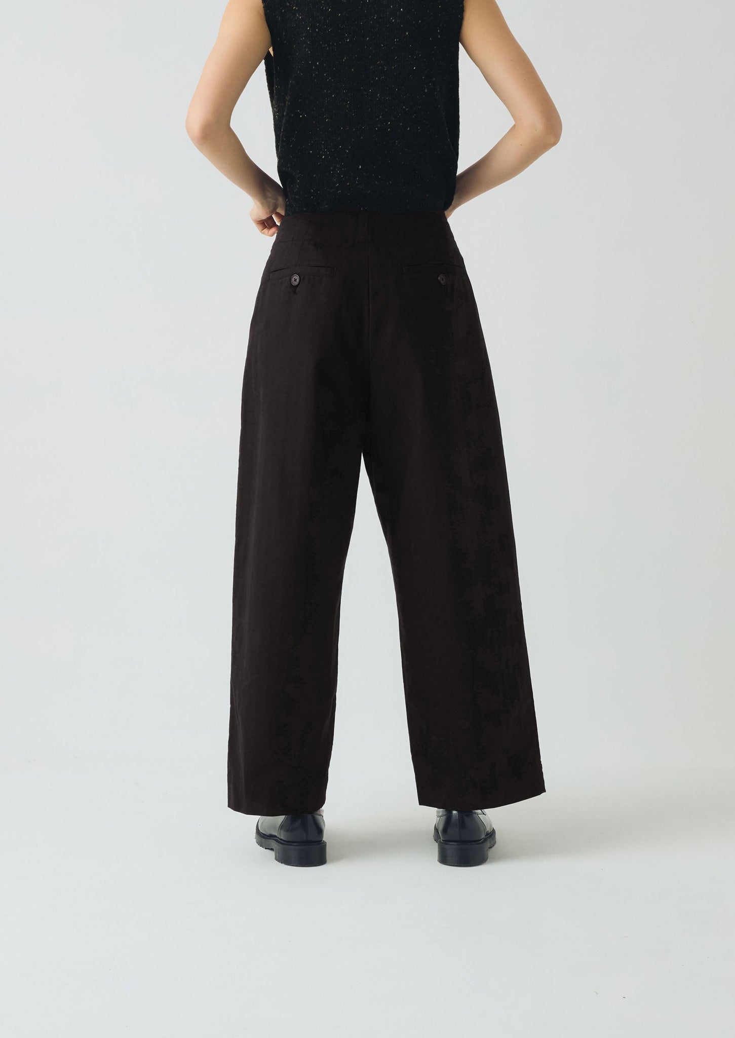 Cotton Wool Herringbone Pleat Front Pants | Black