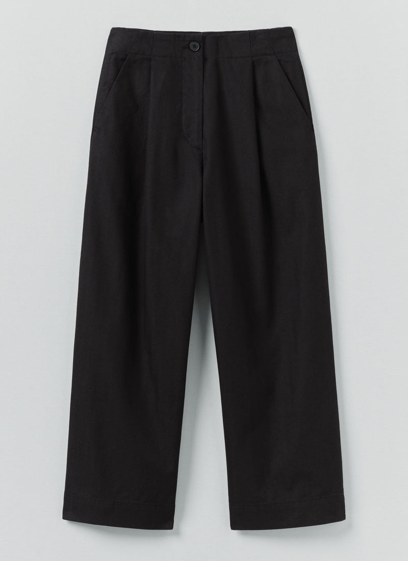 Cotton Wool Herringbone Pleat Front Pants | Black