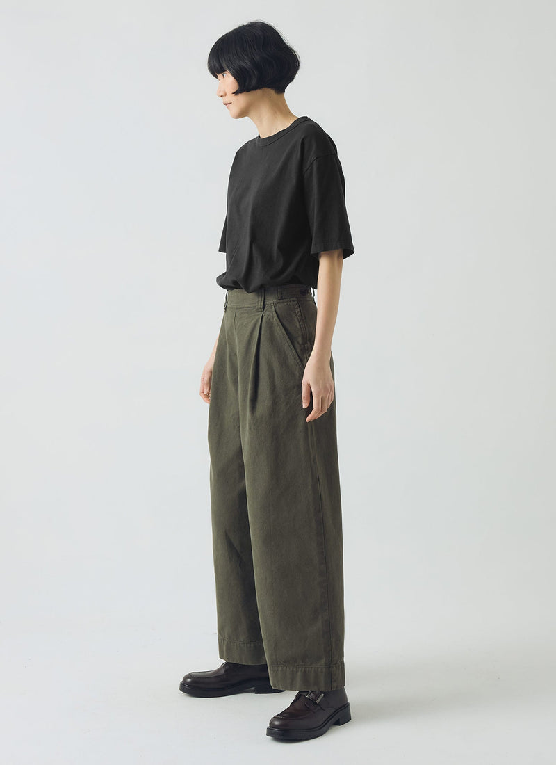 Cotton Canvas Pleat Front Pants | Dark Olive