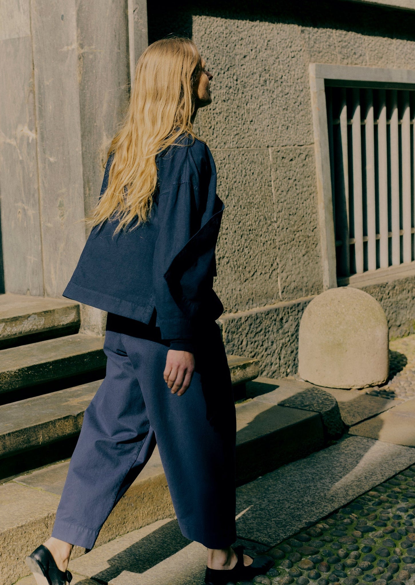 Cotton Canvas Pleat Front Pants | Blue Navy