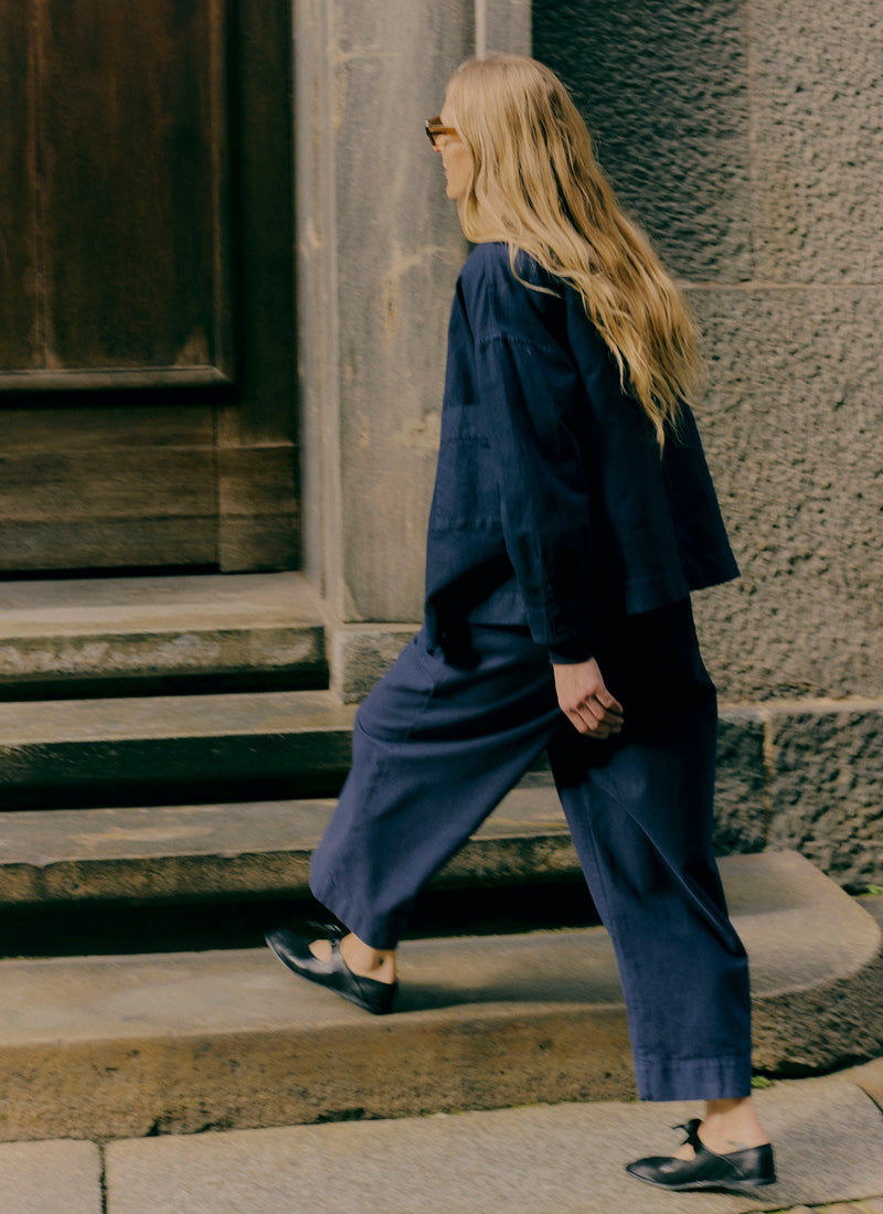 Cotton Canvas Pleat Front Pants | Blue Navy