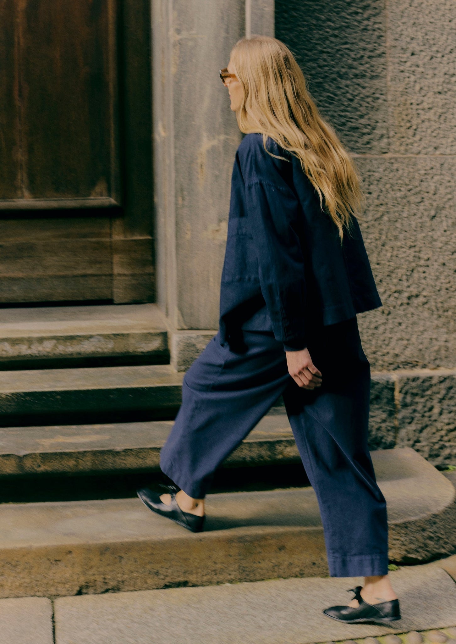 Cotton Canvas Pleat Front Pants | Blue Navy