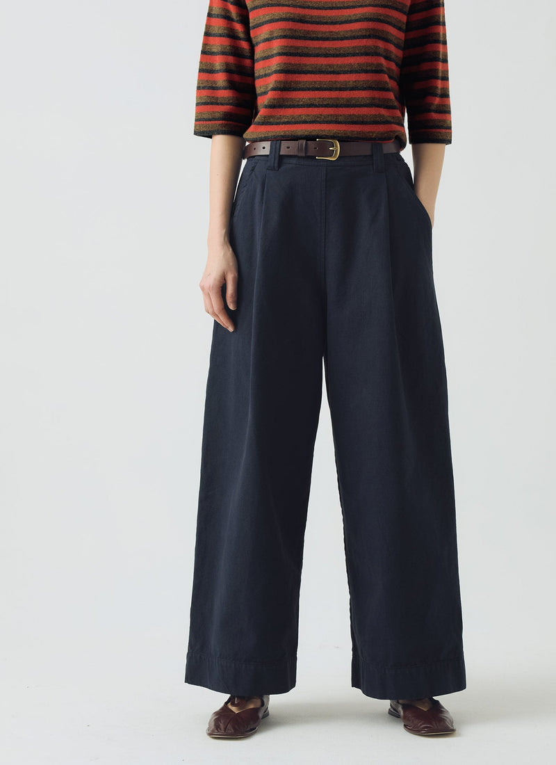 Cotton Canvas Pleat Front Pants | Blue Navy