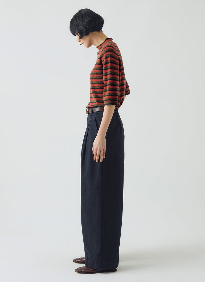 Cotton Canvas Pleat Front Pants | Blue Navy