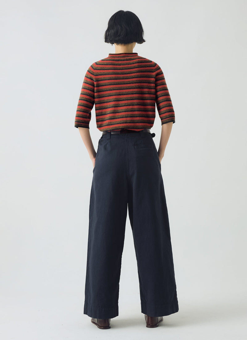Cotton Canvas Pleat Front Pants | Blue Navy
