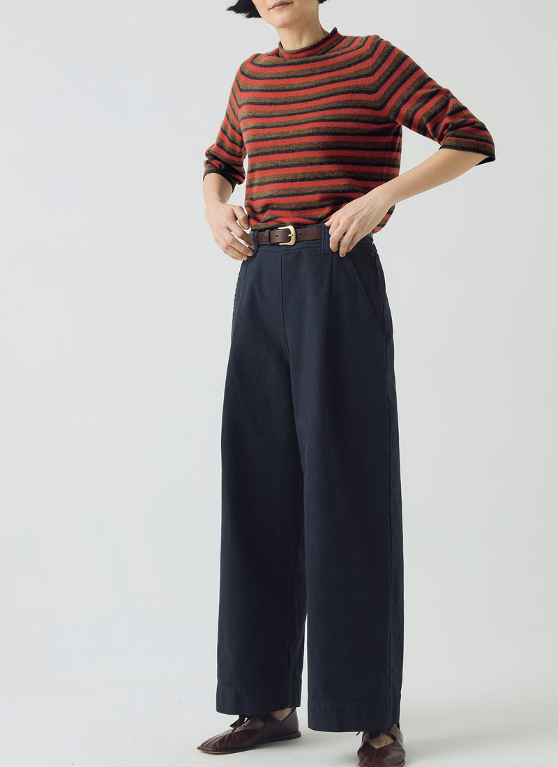 Cotton Canvas Pleat Front Pants | Blue Navy