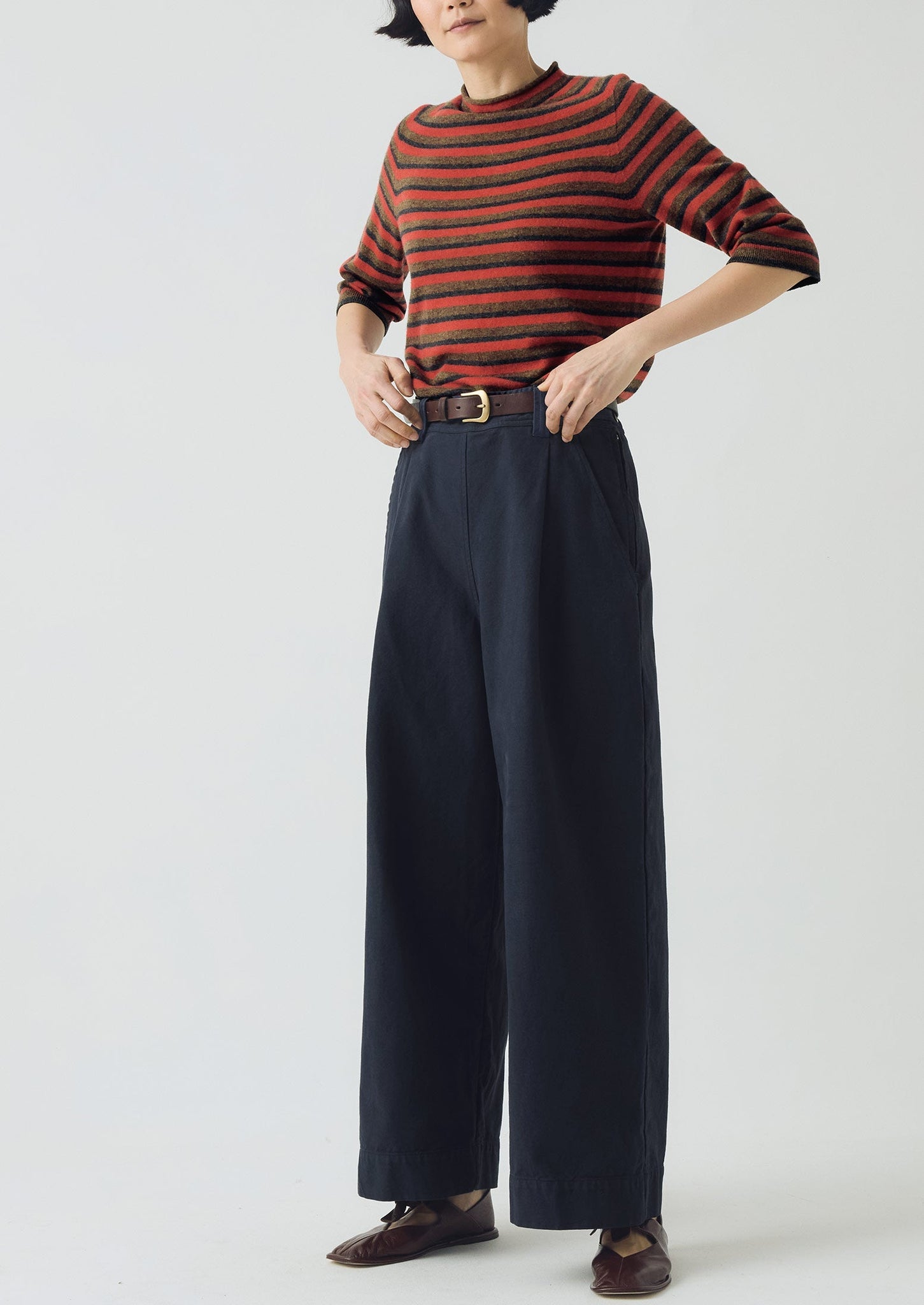 Cotton Canvas Pleat Front Pants | Blue Navy