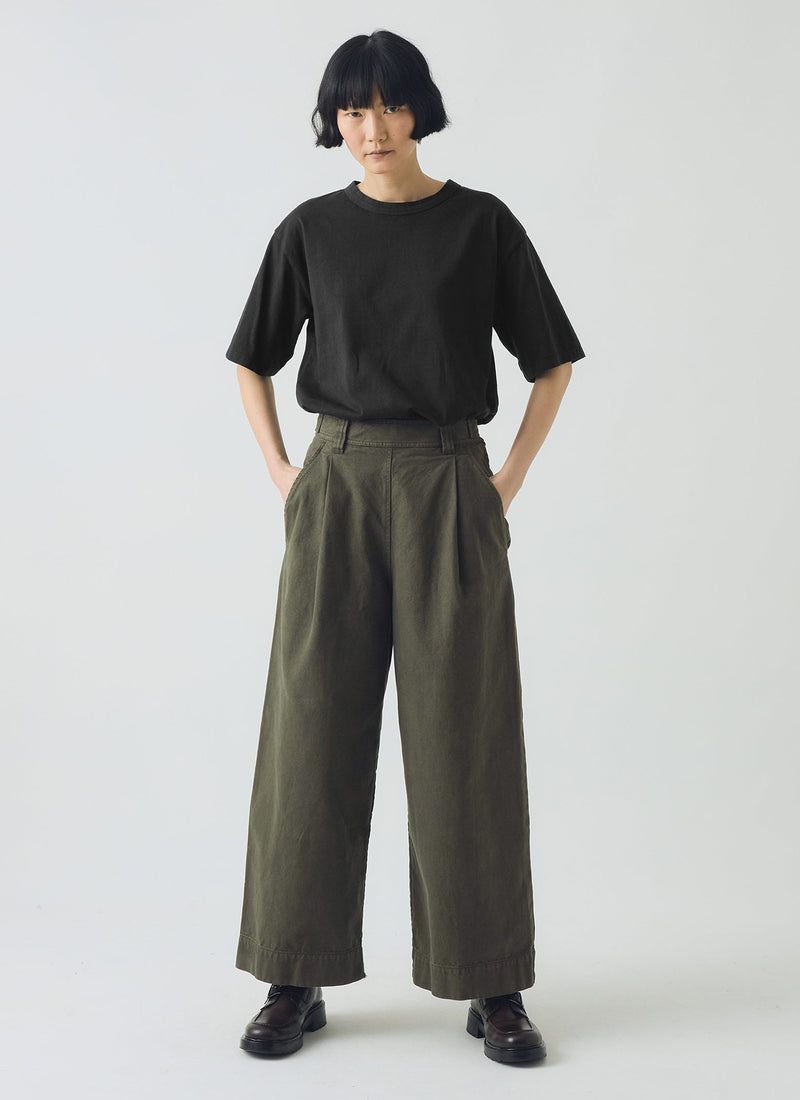 Cotton Canvas Pleat Front Pants | Dark Olive