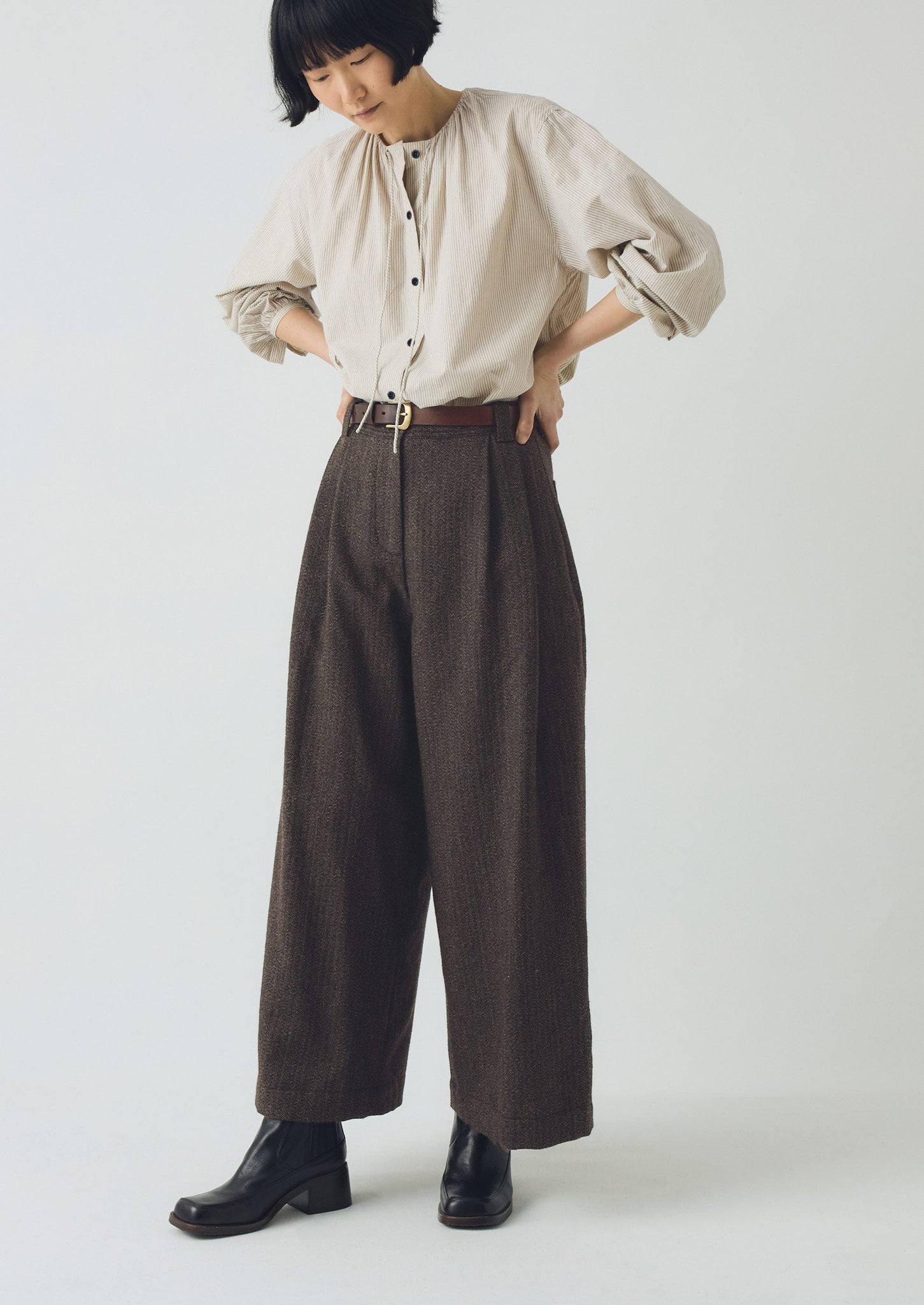 Wool Broken Herringbone Pleat Front Pants | Charcoal Mouline