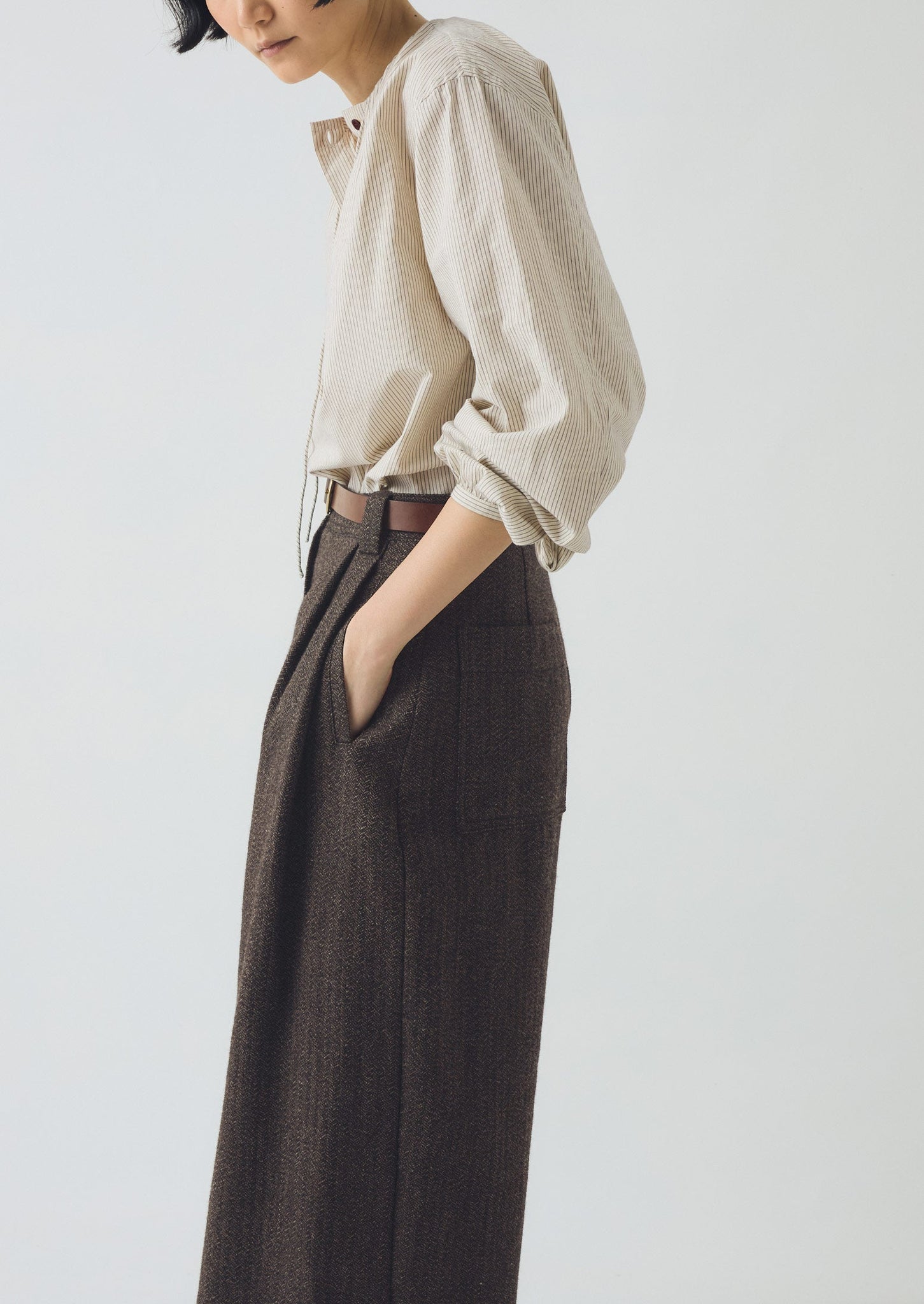 Wool Broken Herringbone Pleat Front Pants | Charcoal Mouline
