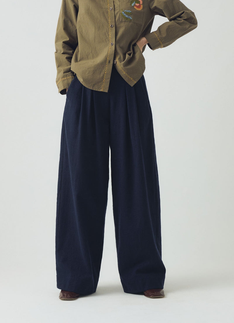 Corinne Cotton Wool Houndstooth Pants | Dark Navy
