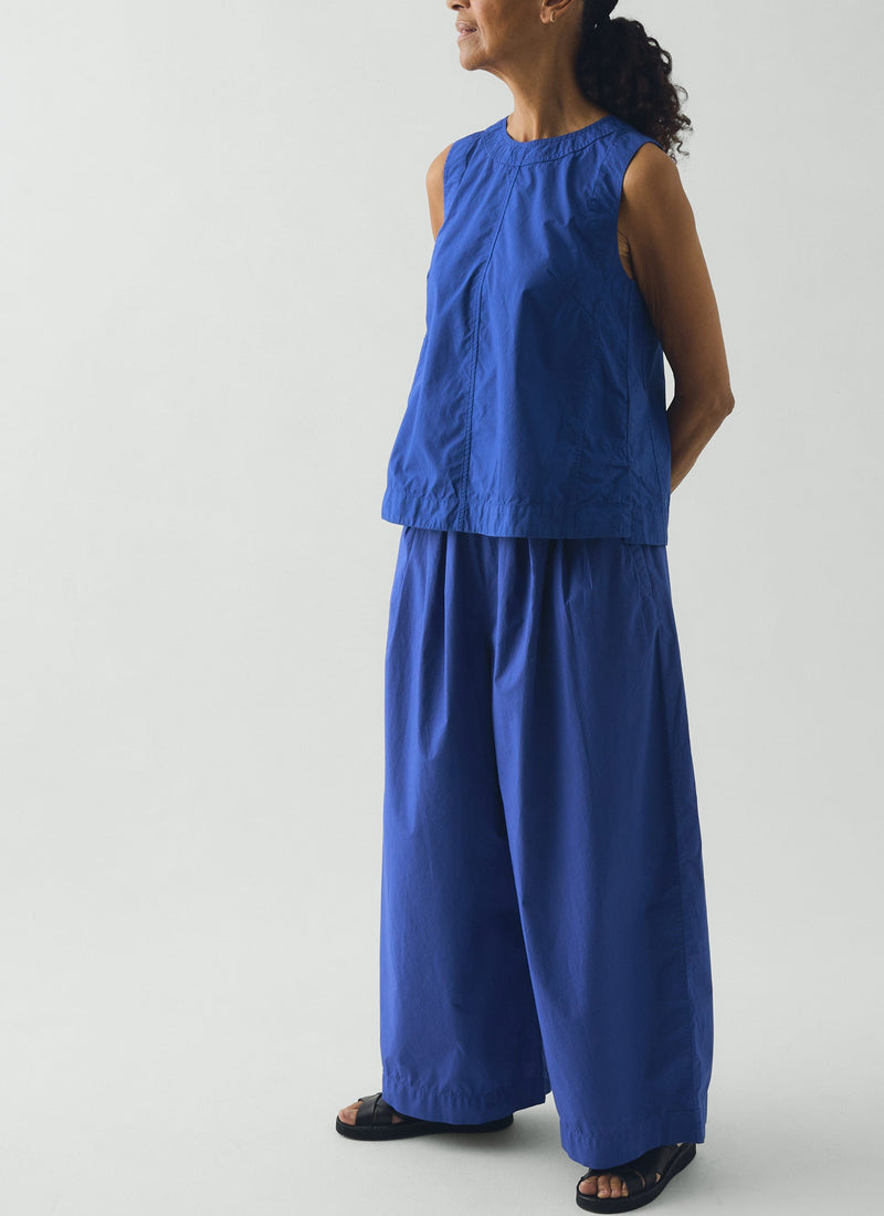 Pleated Pull On Cotton Poplin Pants | Carmine Blue