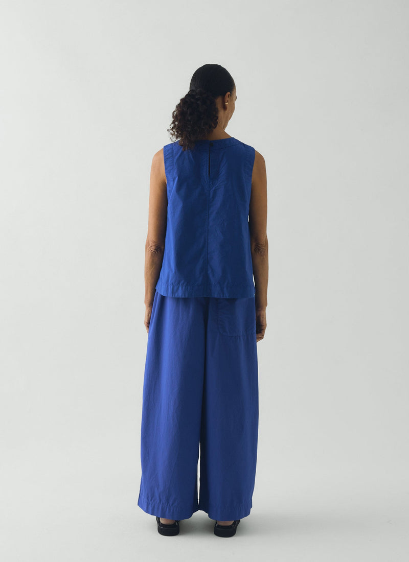 Pleated Pull On Cotton Poplin Pants | Carmine Blue