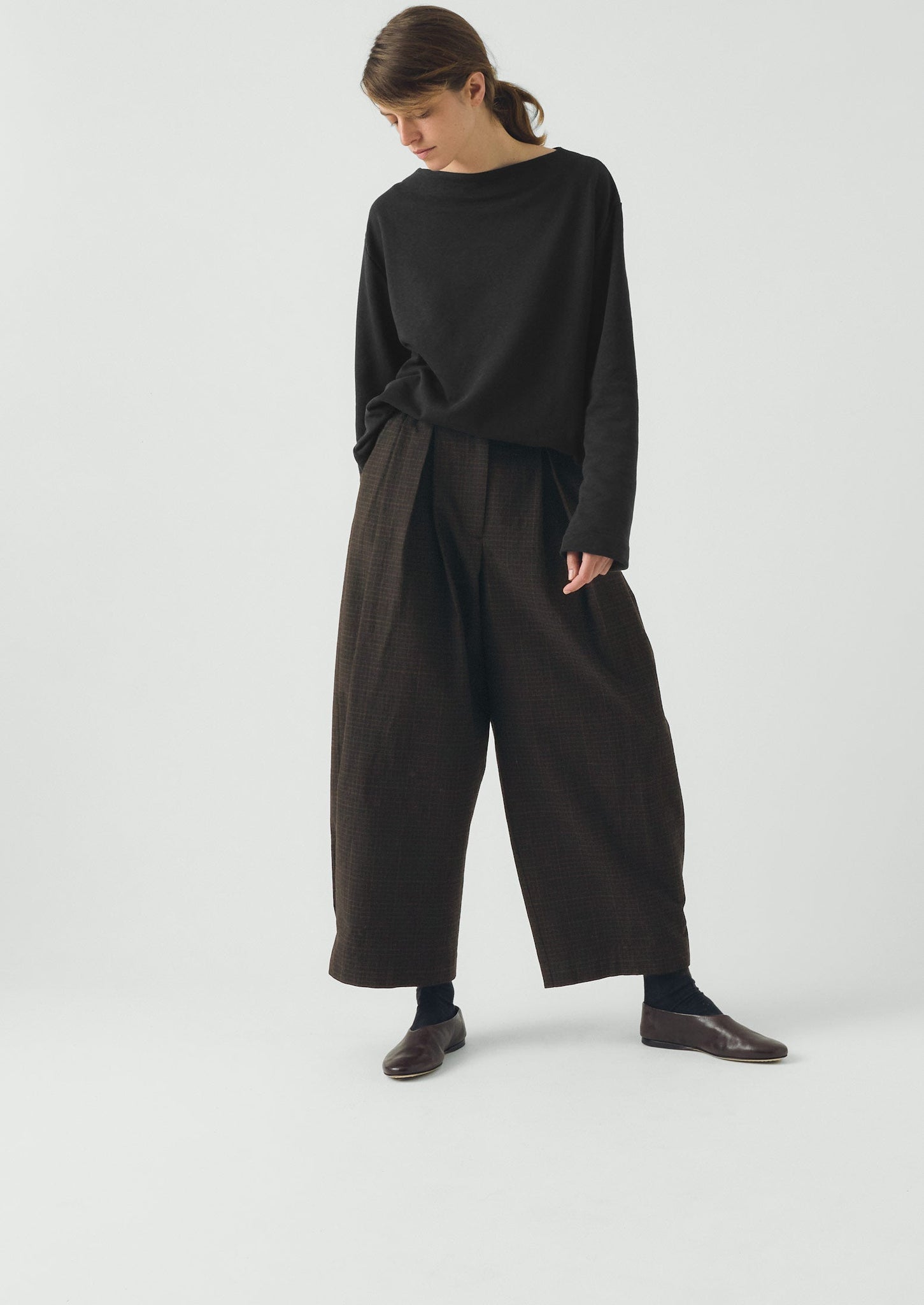 Wide Leg Check Cotton Wool Pants | Slate