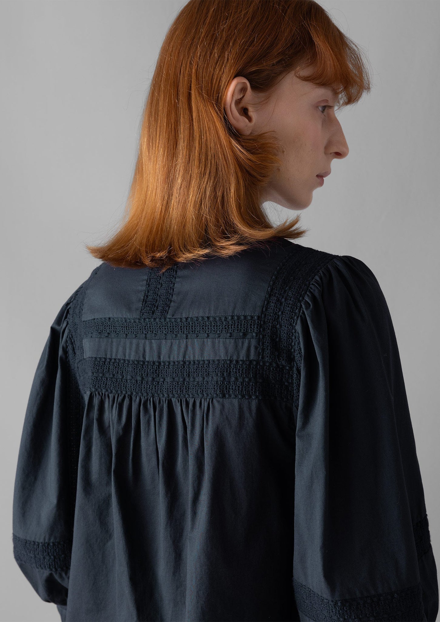 Gathered Sleeve Embroidered Cotton Shirt | Slate