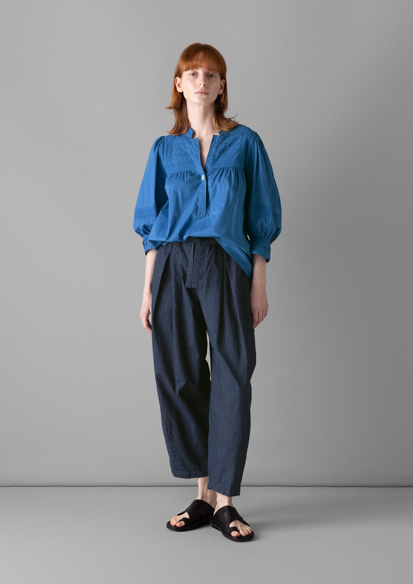 Gathered Sleeve Embroidered Cotton Shirt | Sea Blue