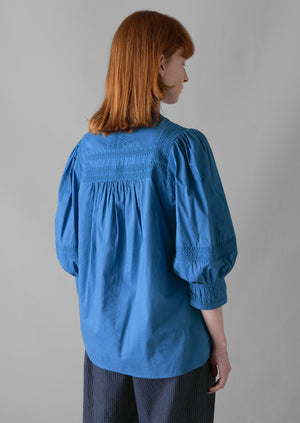 Gathered Sleeve Embroidered Cotton Shirt | Sea Blue