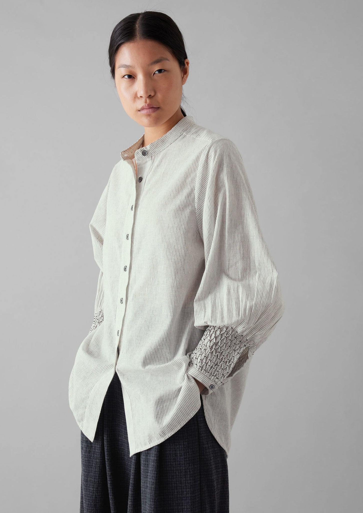 Hand Smocked Stripe Cotton Linen Shirt | Charcoal/Ecru