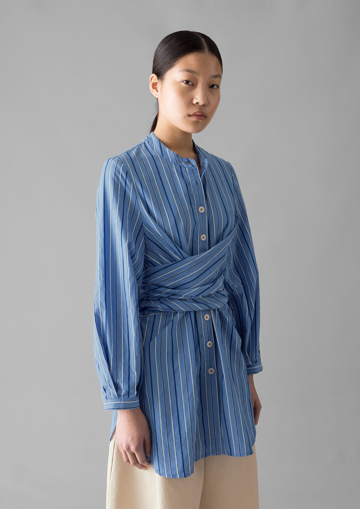 Stripe Poplin Wrap Front Shirt | Sodalite Blue