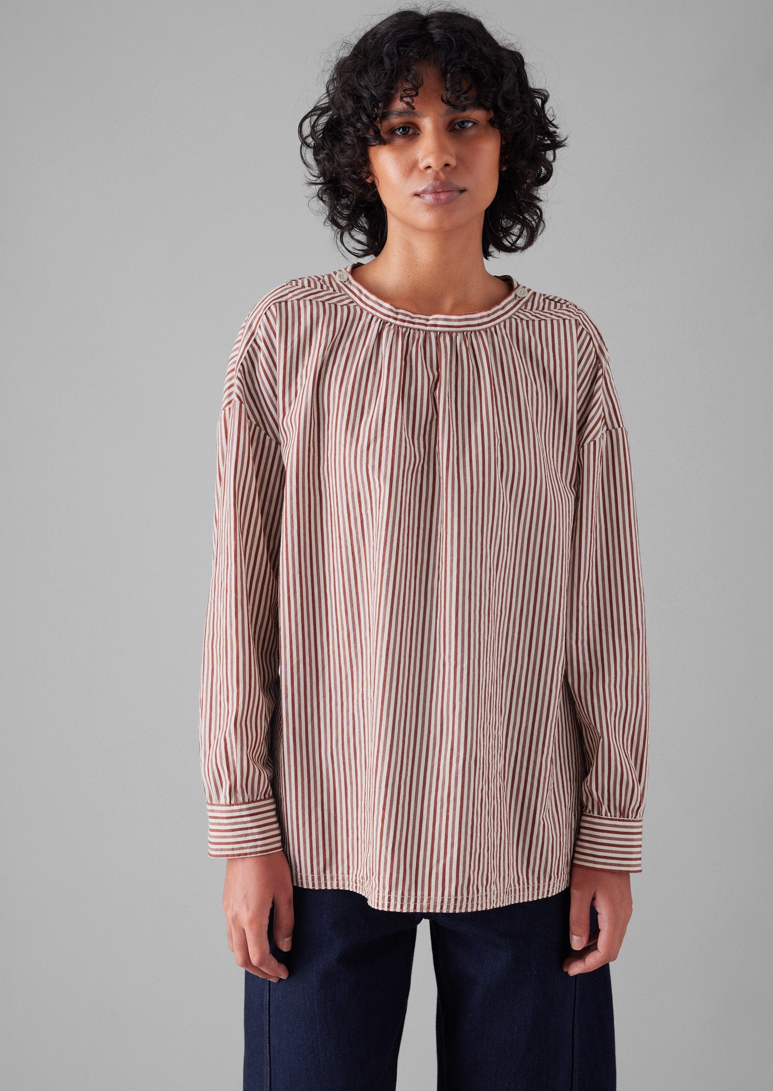Stripe Cotton Gathered Smock Top | Brick/Ecru | TOAST