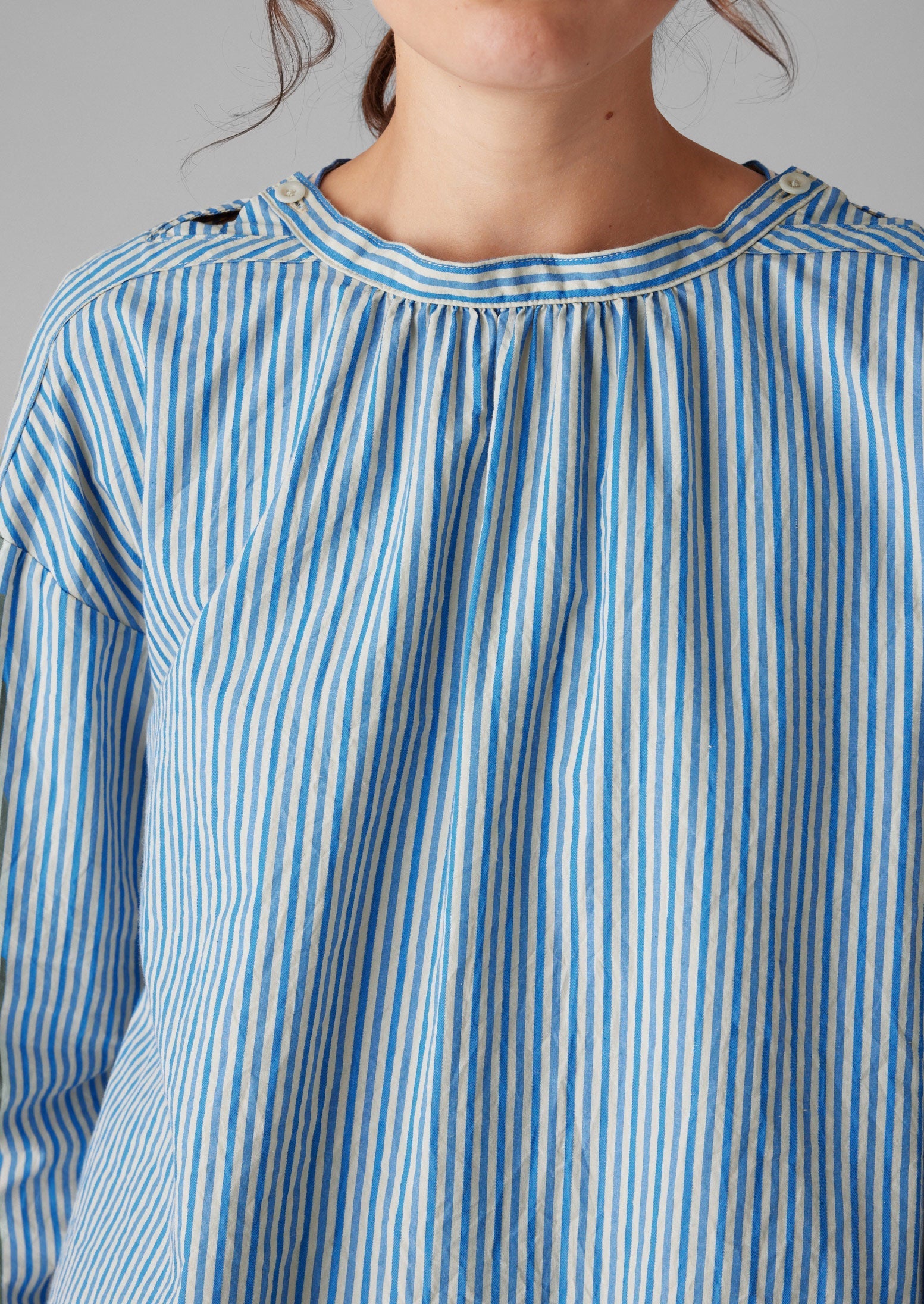 Stripe Cotton Gathered Smock Top | Ocean Blue/Ecru | TOAST