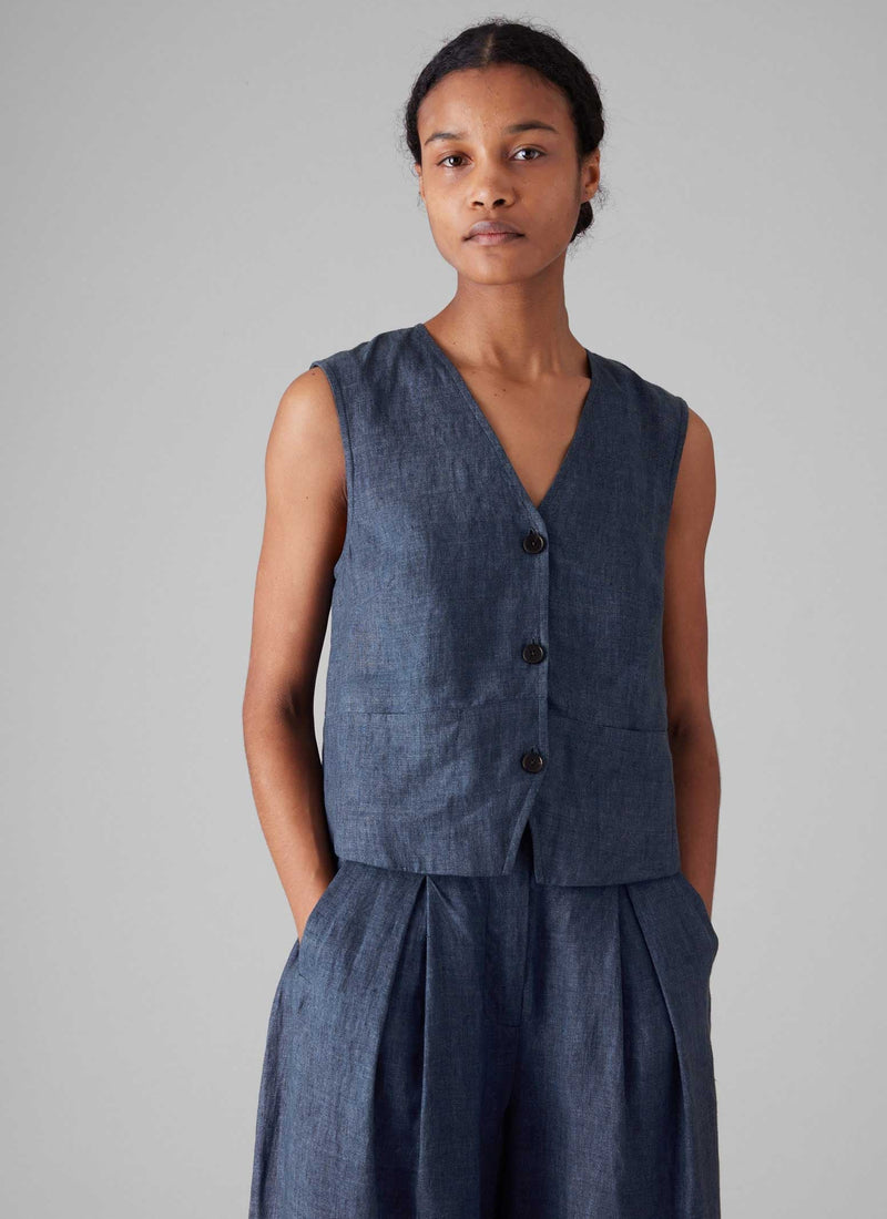 Linen Waistcoat Top | Denim Blue