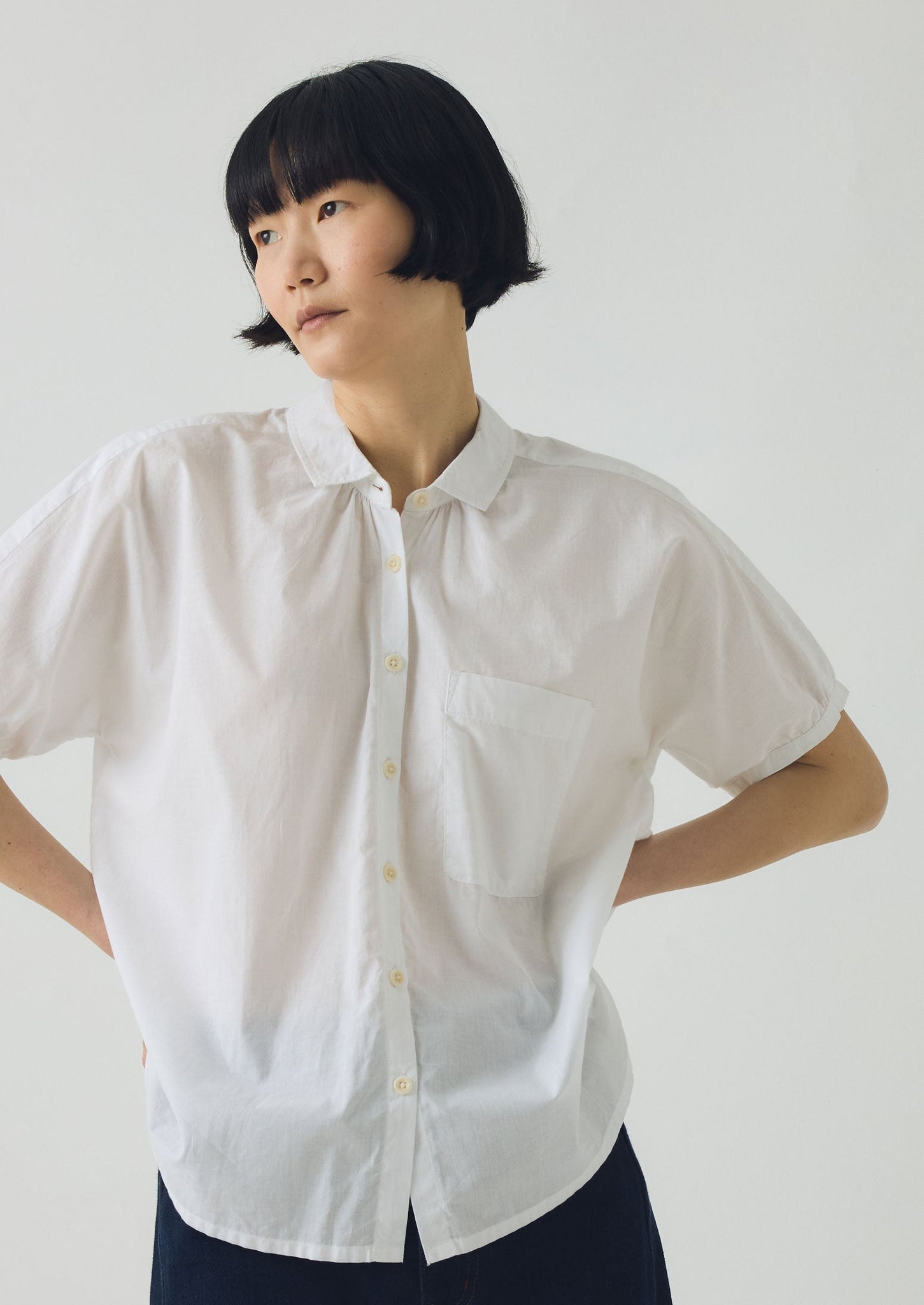 Gathered Cotton Chambray Shirt | White