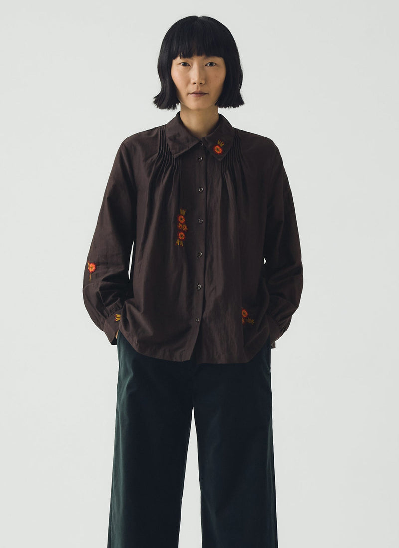 Vespertine Floral Embroidered Cotton Silk Shirt | Black Walnut