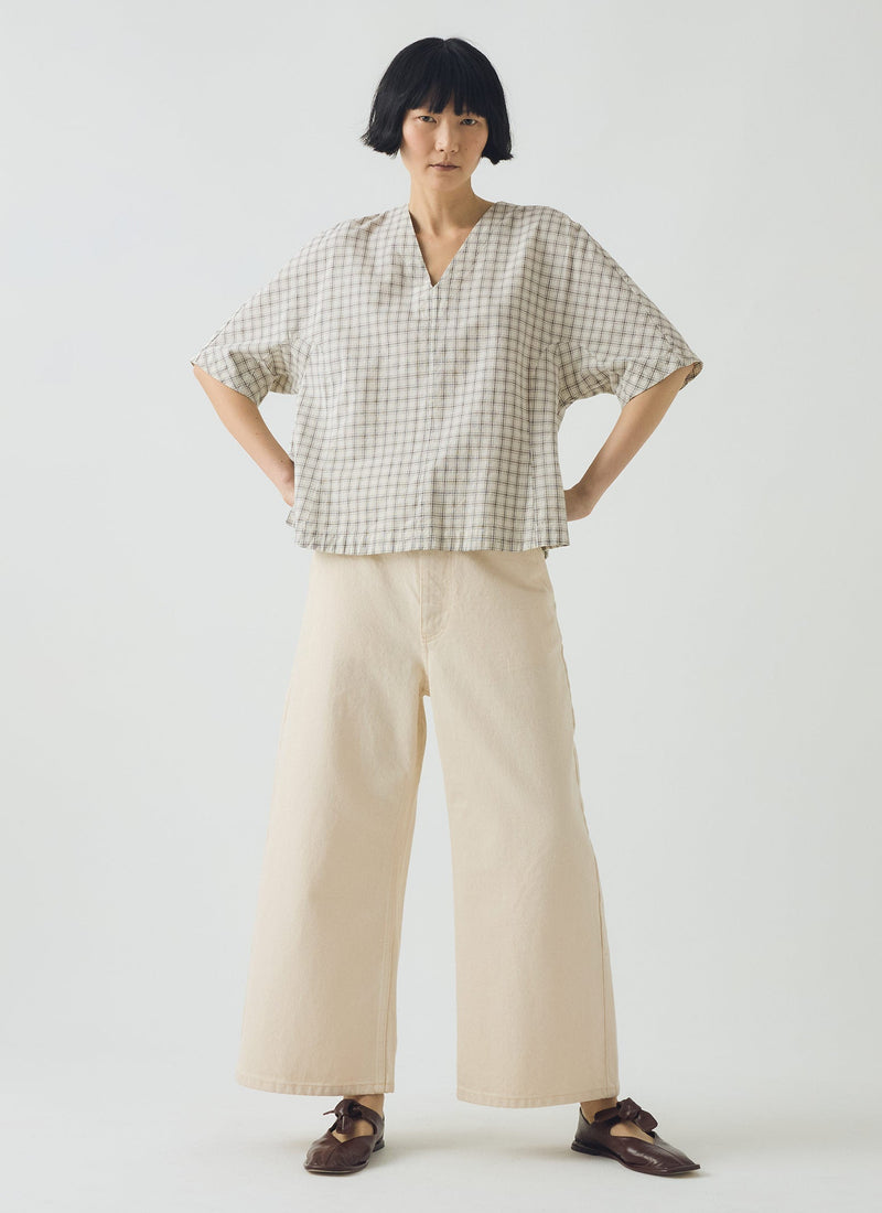 Cotton Window Pane Check V Neck Top | Ecru/Slate