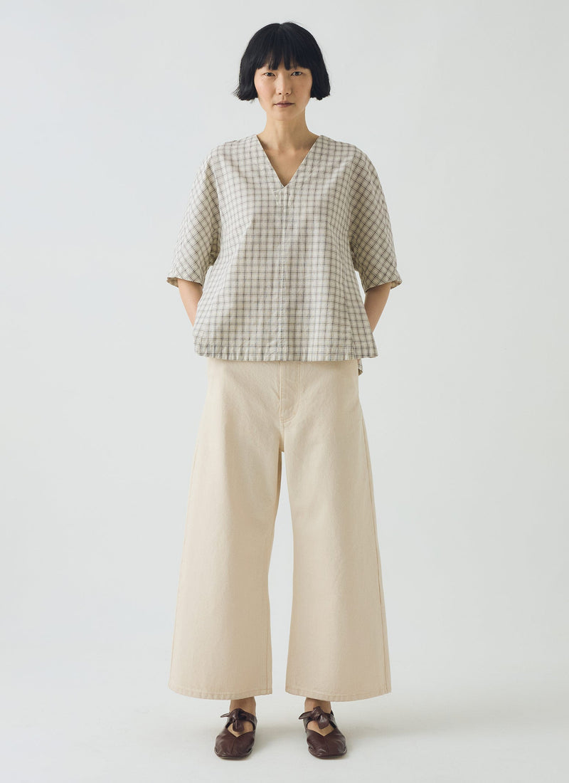 Cotton Window Pane Check V Neck Top | Ecru/Slate