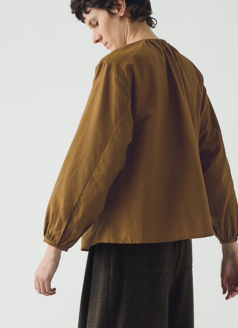 Gathered Neck Cotton Silk Shirt | Old Gold
