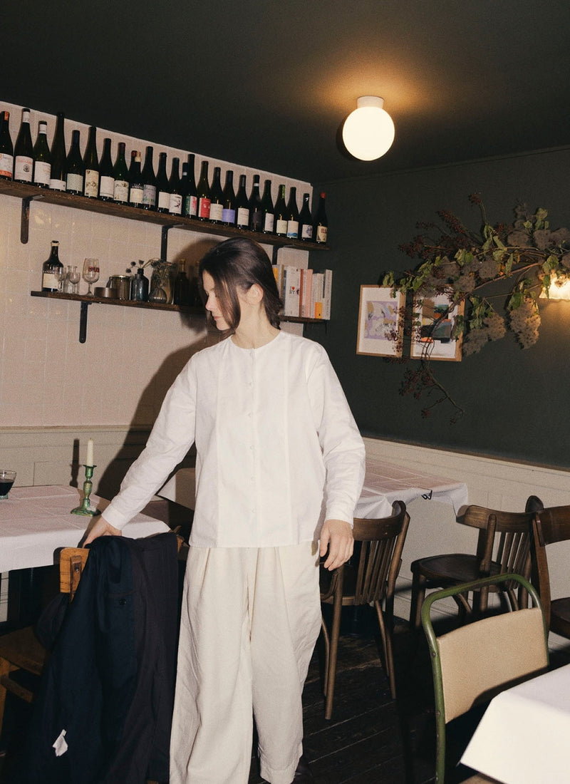 Round Neck Cotton Oxford Shirt | Paper White