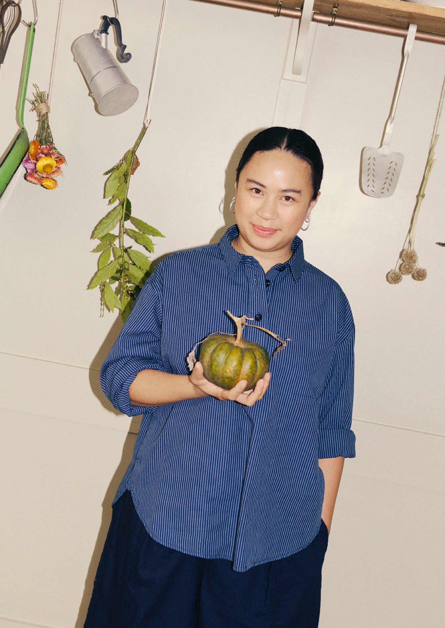 Railroad Stripe Cotton Smock Popover Shirt | Denim Blue | TOAST