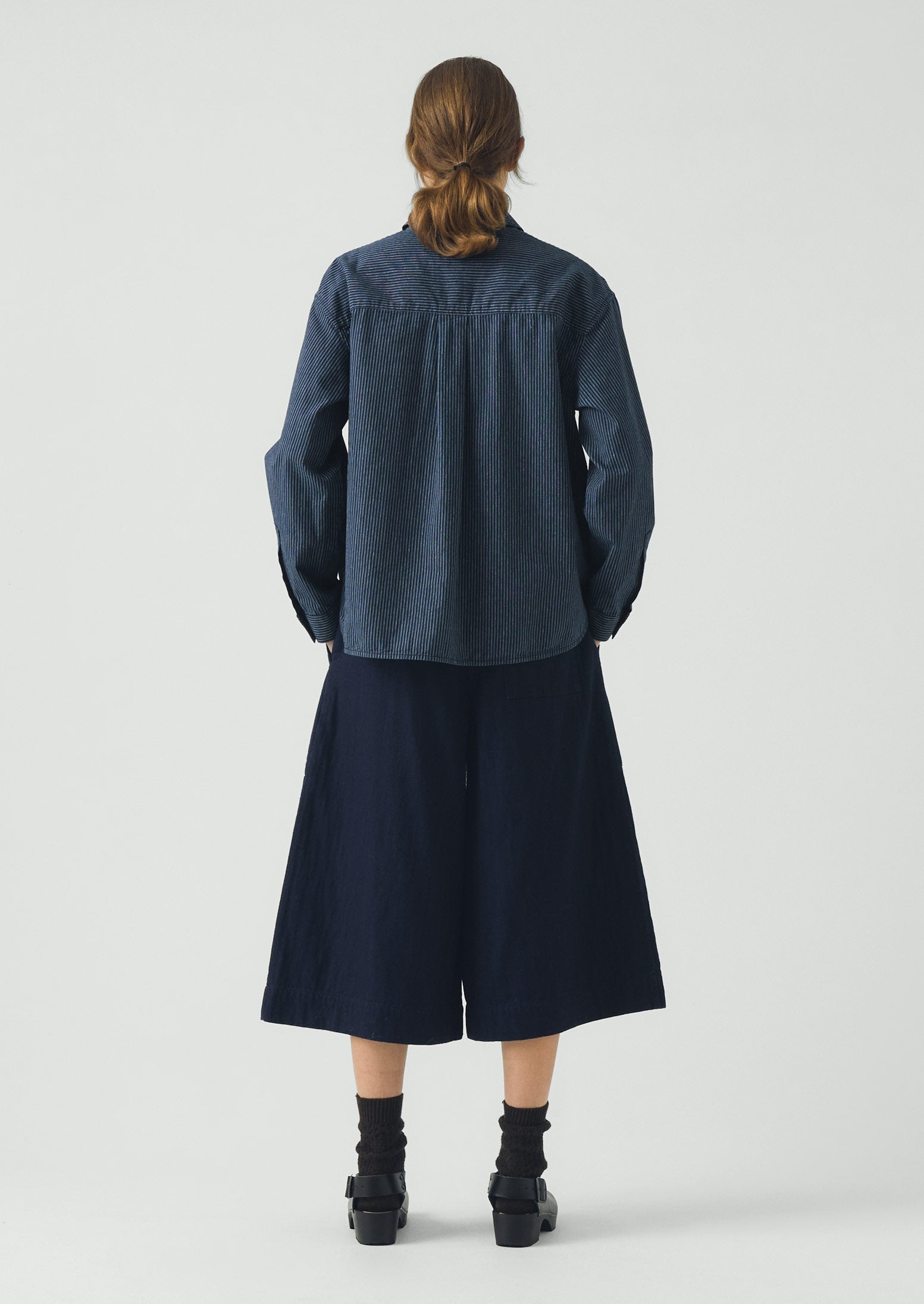 Railroad Stripe Cotton Smock Popover Shirt | Denim Blue | TOAST