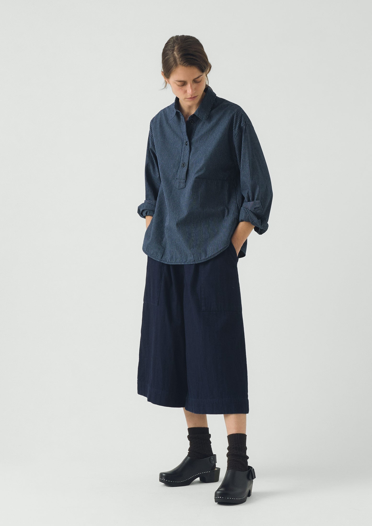 Railroad Stripe Cotton Smock Popover Shirt | Denim Blue | TOAST
