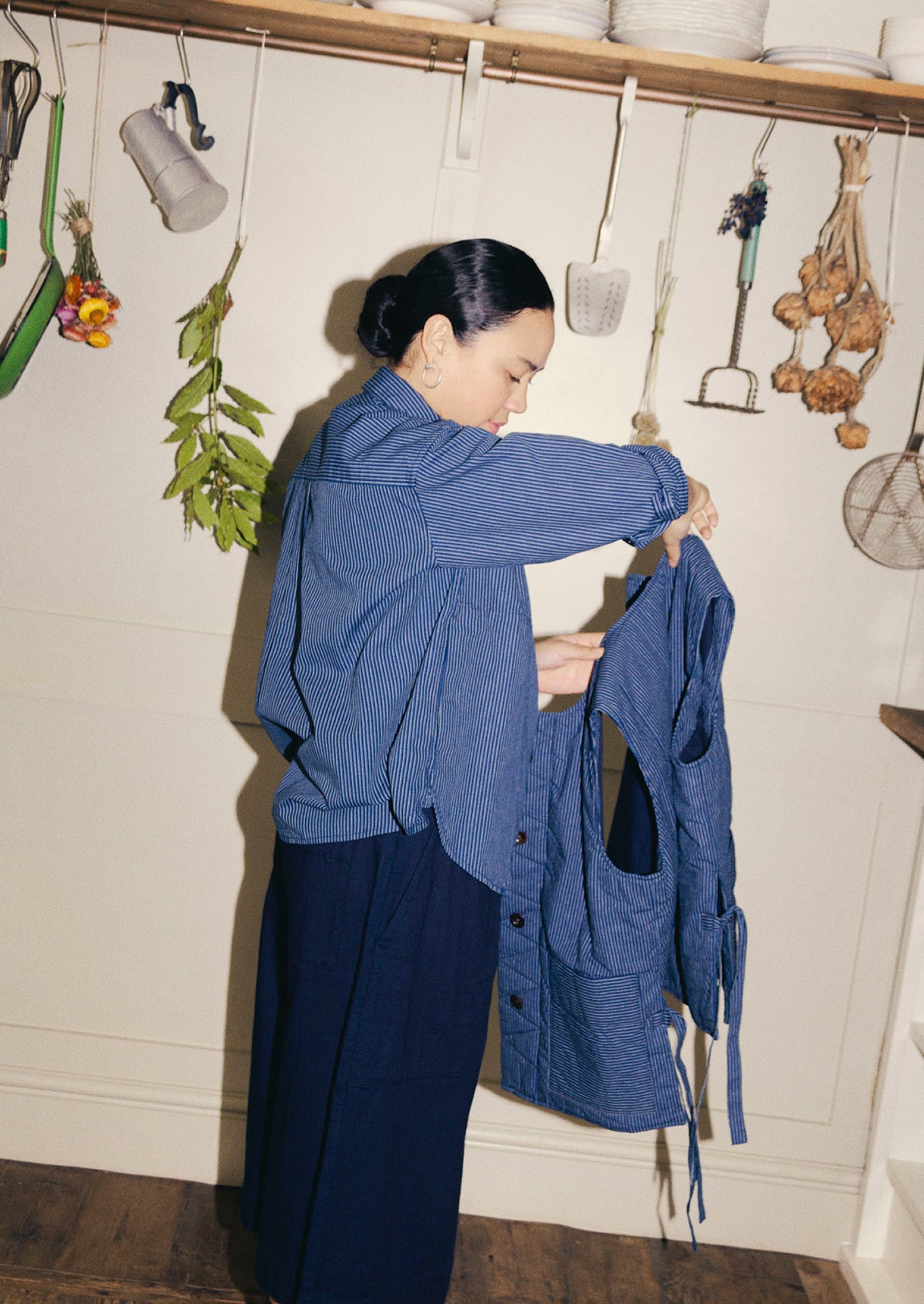 Railroad Stripe Cotton Smock Popover Shirt | Denim Blue | TOAST