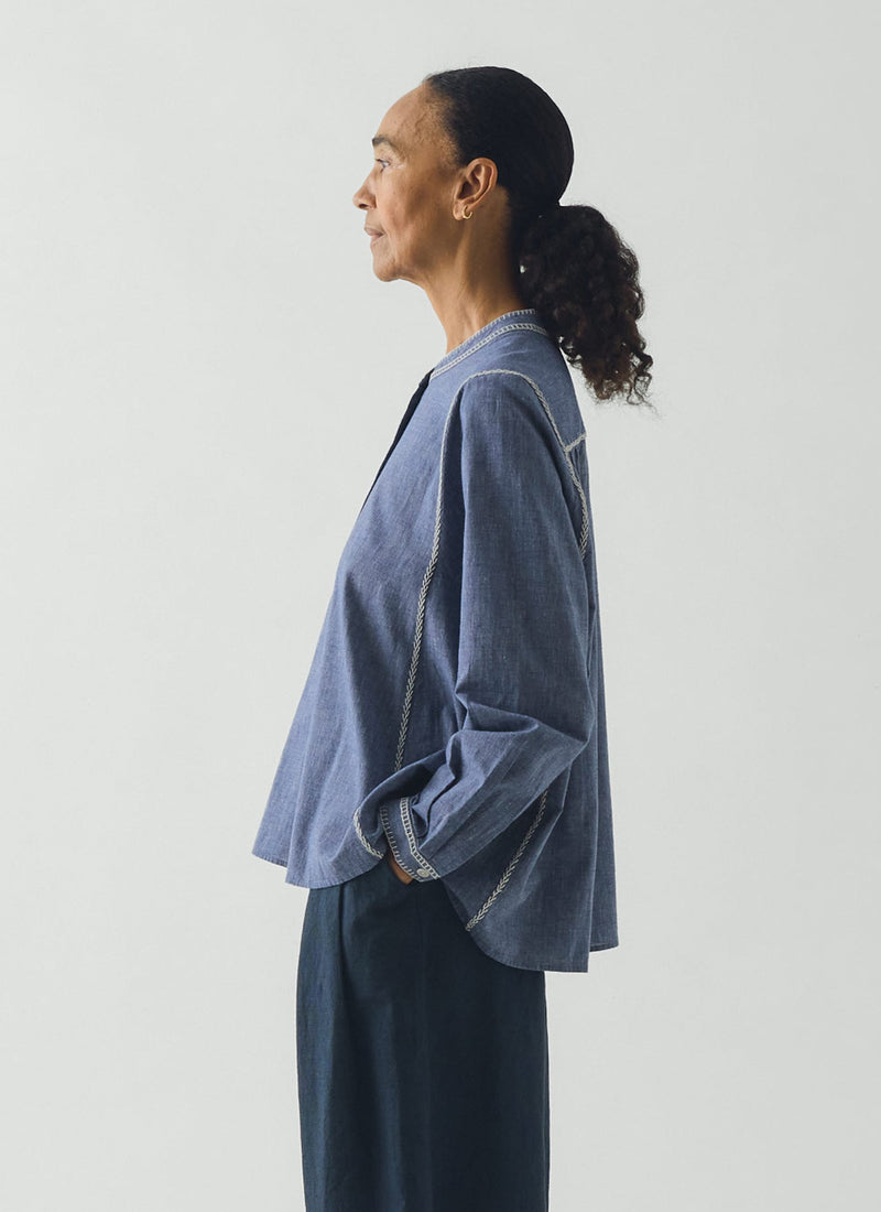Embroidered Cotton Linen Chambray Shirt | Chambray Blue