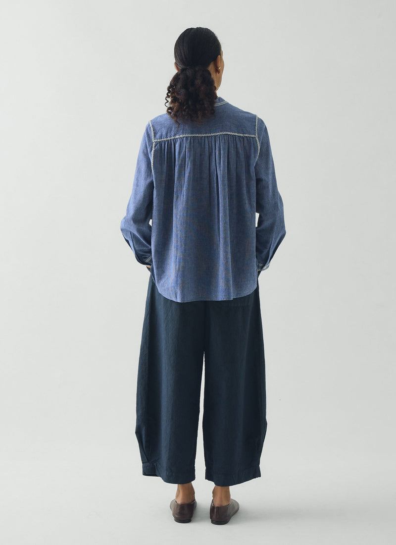 Embroidered Cotton Linen Chambray Shirt | Chambray Blue