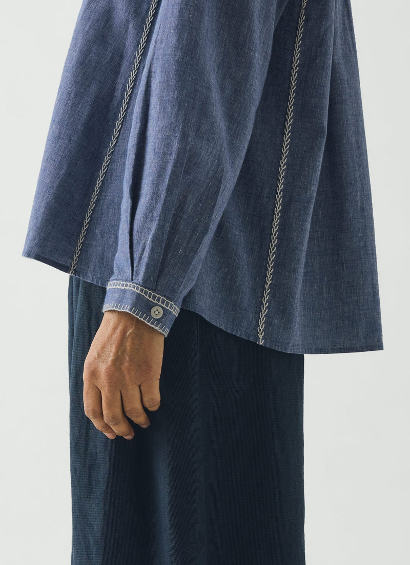 Embroidered Cotton Linen Chambray Shirt | Chambray Blue