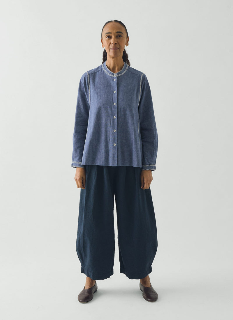 Embroidered Cotton Linen Chambray Shirt | Chambray Blue