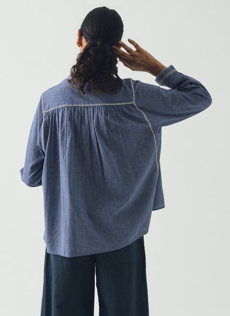 Embroidered Cotton Linen Chambray Shirt | Chambray Blue