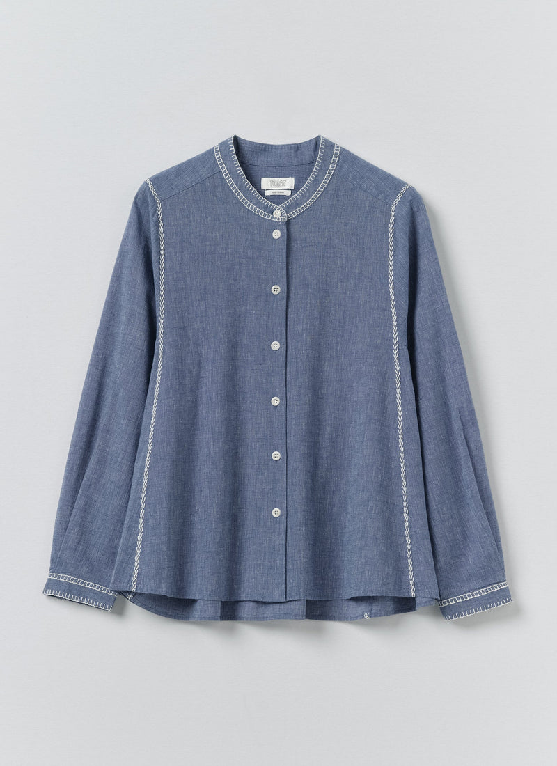 Embroidered Cotton Linen Chambray Shirt | Chambray Blue