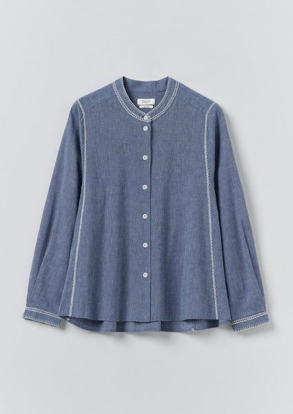 Embroidered Cotton Linen Chambray Shirt | Chambray Blue | TOAST