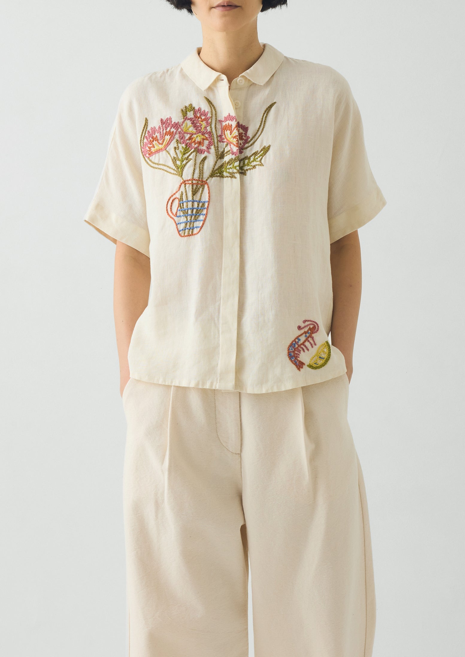Embroidered Al Fresco Linen Shirt | Lemon Posset | TOAST