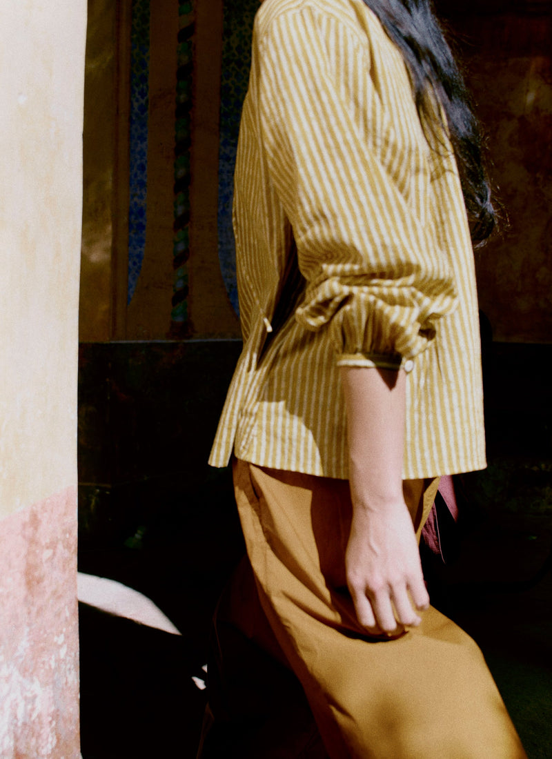 Natural Dye Stripe Cotton Gathered Top | Tumeric