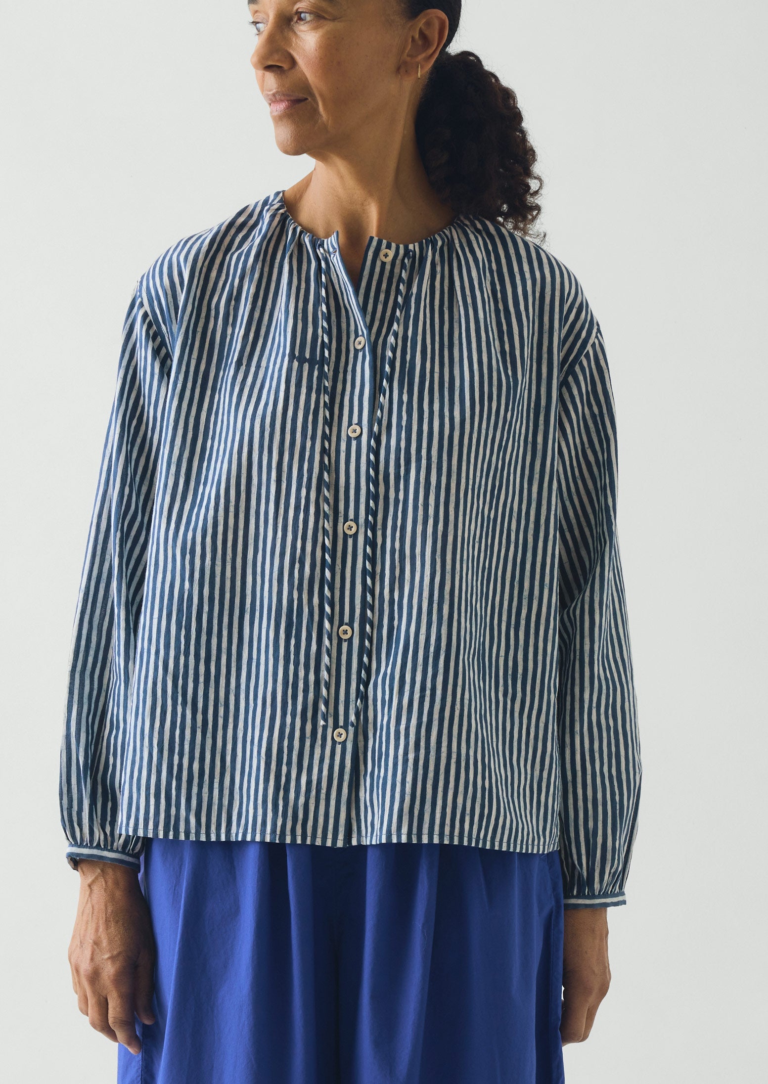 Natural Dye Stripe Cotton Gathered Top | Indigo | TOAST