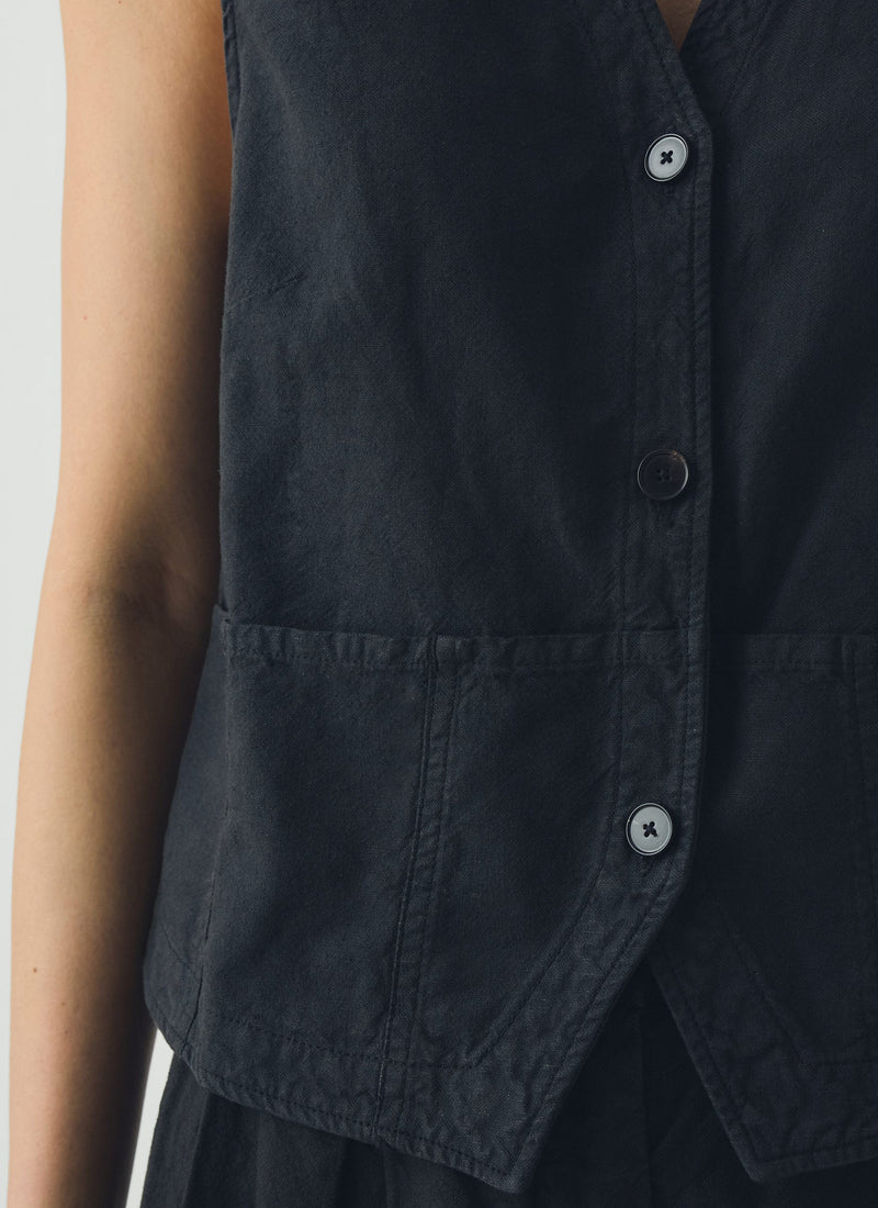 Cotton Linen Canvas Waistcoat Top | Soft Black