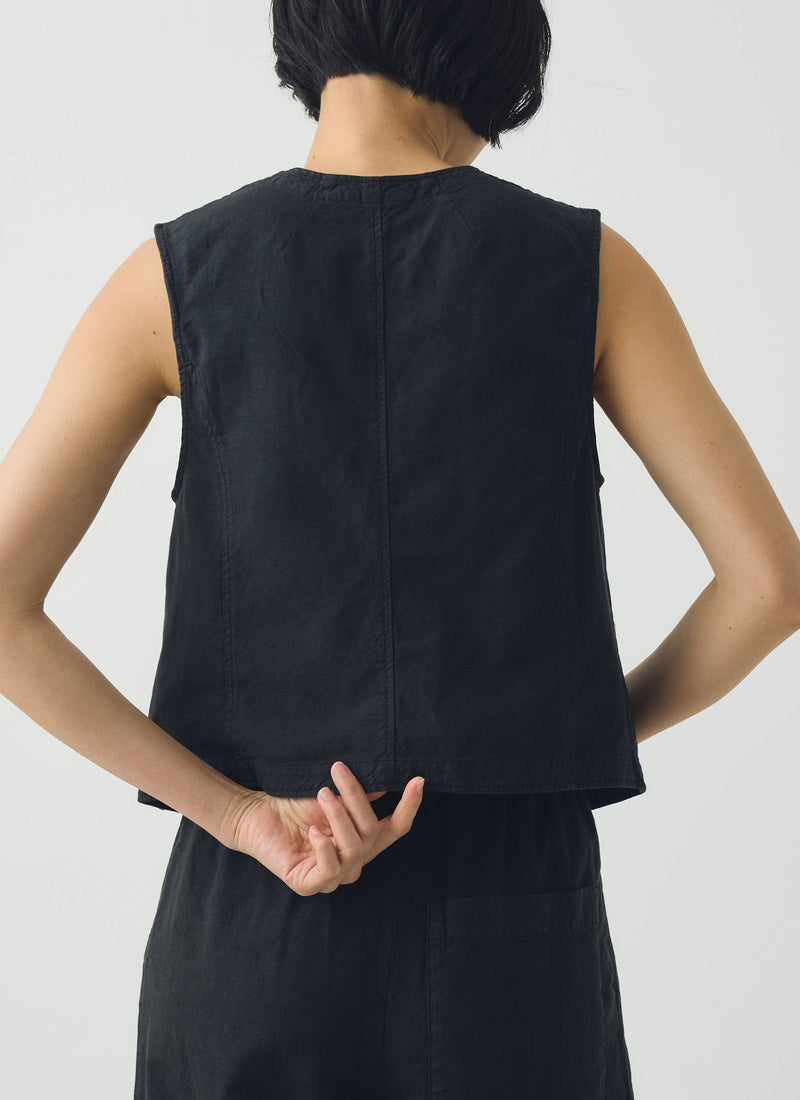 Cotton Linen Canvas Waistcoat Top | Soft Black