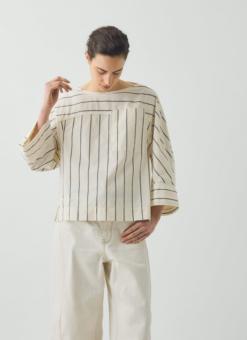 Garland Stripe Cotton Smock Top | Ecru/Charcoal