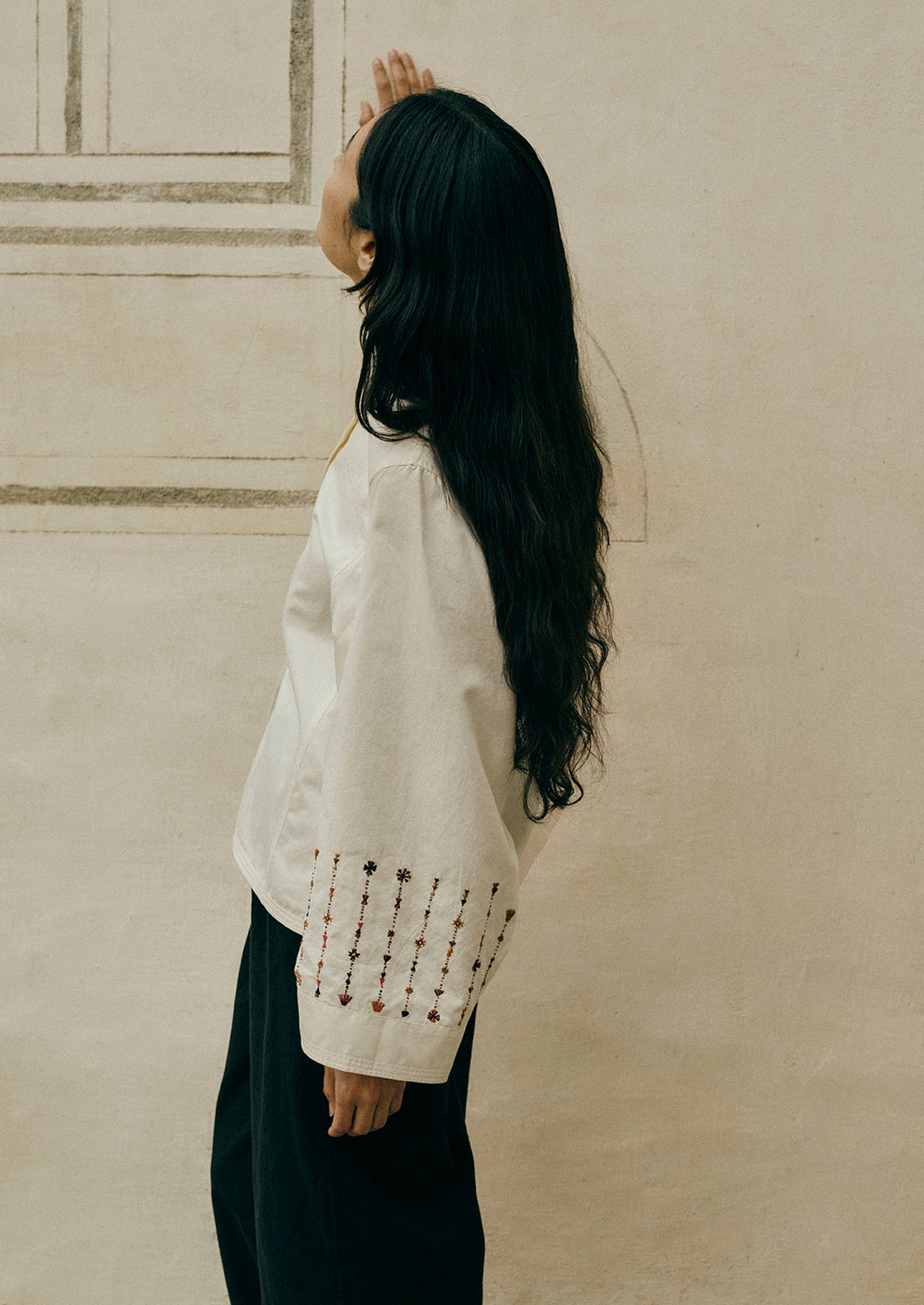 Embroidered Sleeve Cotton Satin Top | Natural | TOAST